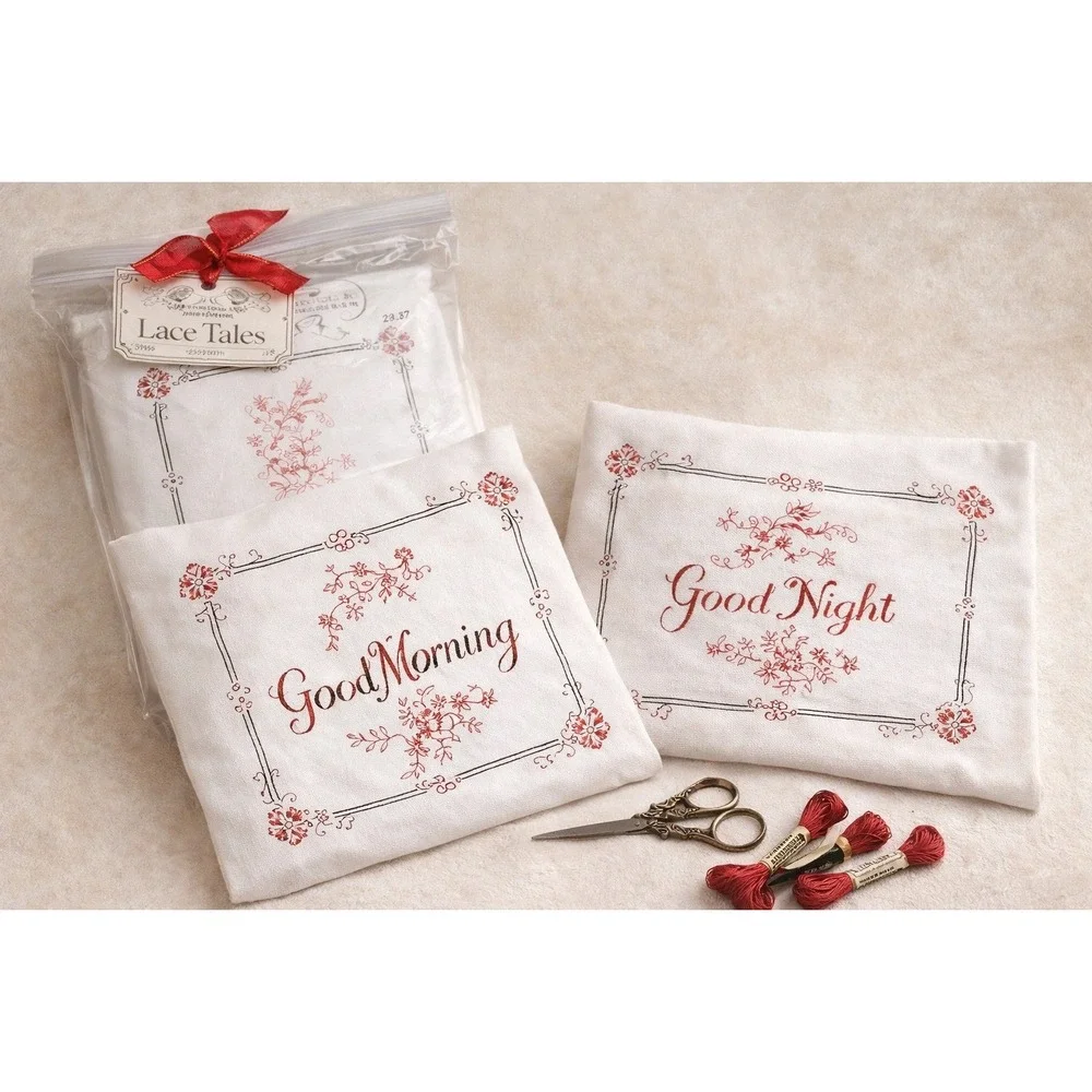 Vintage Embroidery Kit Lace Tales Pillow‎ Sham Needlepoint Good Morning Night